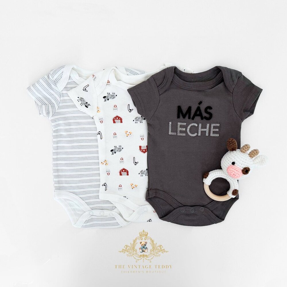 NWT Cute Boys 3 Piece Set Baby Onesies Little Farm Theme "Más Leche" Mamá 6-9M